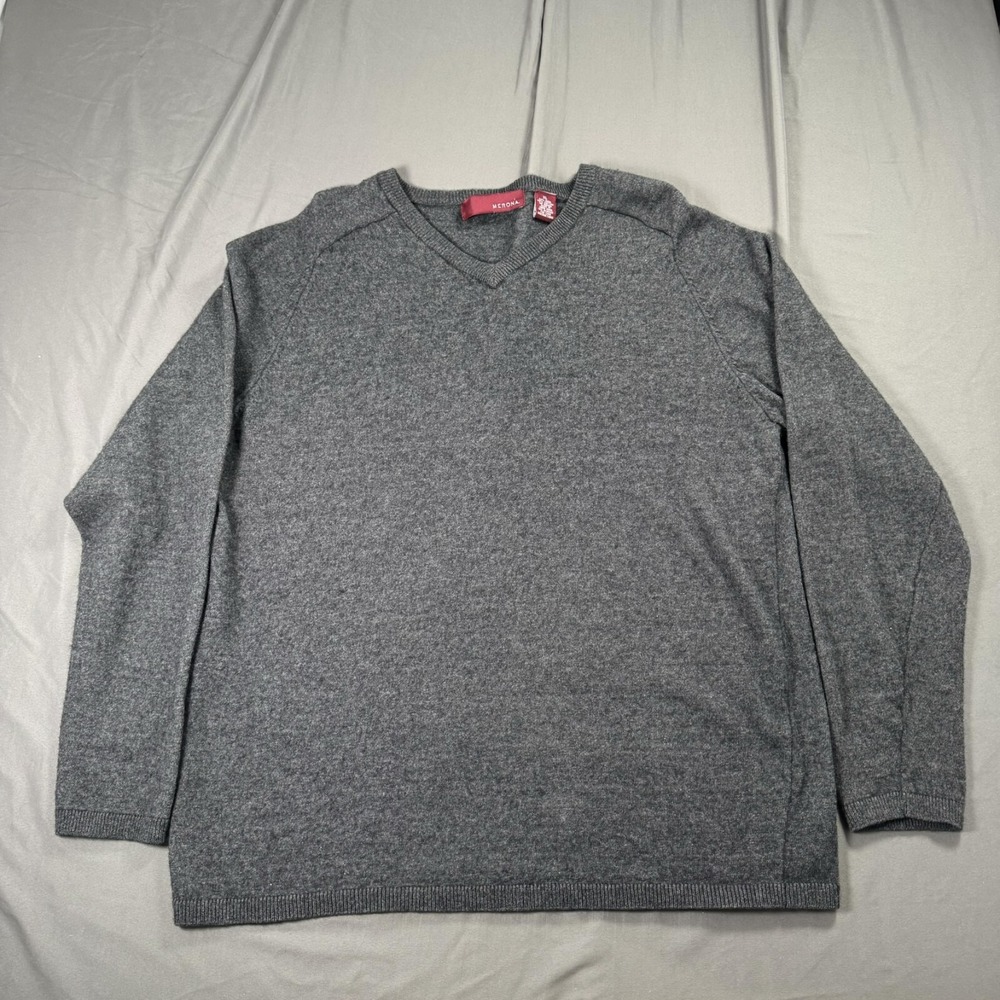 Merona Sweater Mens XL Gray Wool Cotton V-Neck Pullover Long Sleeve